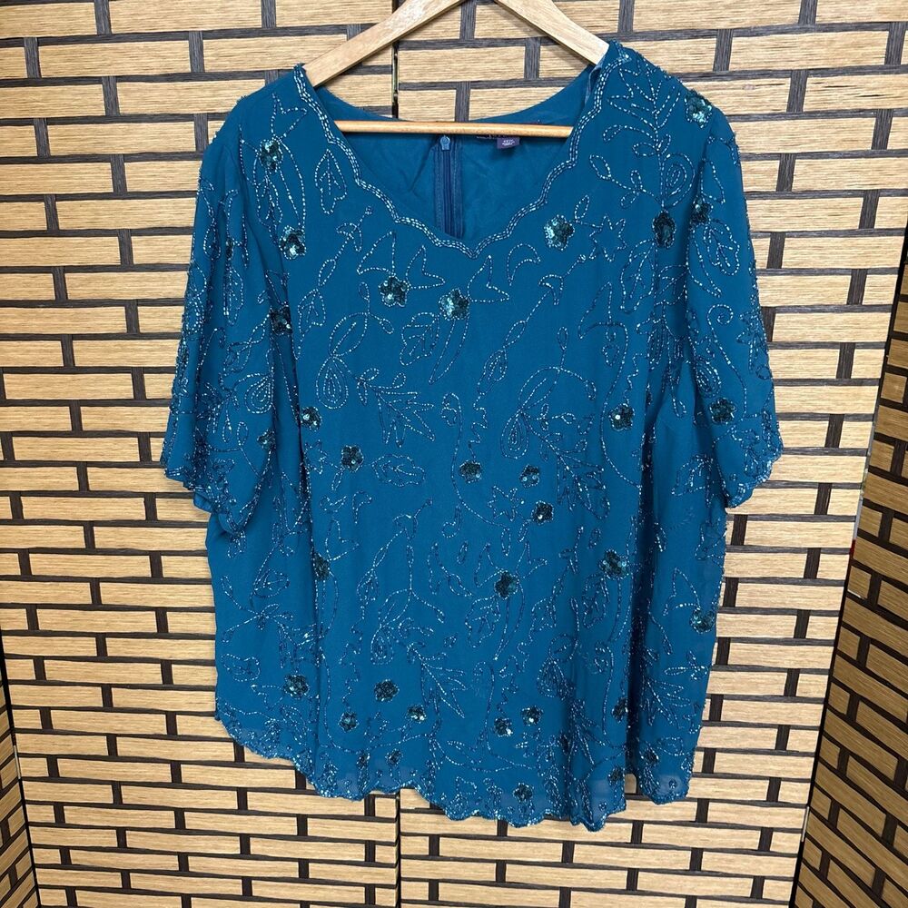 Roaman’s Teal Beaded Blouse Size 22W